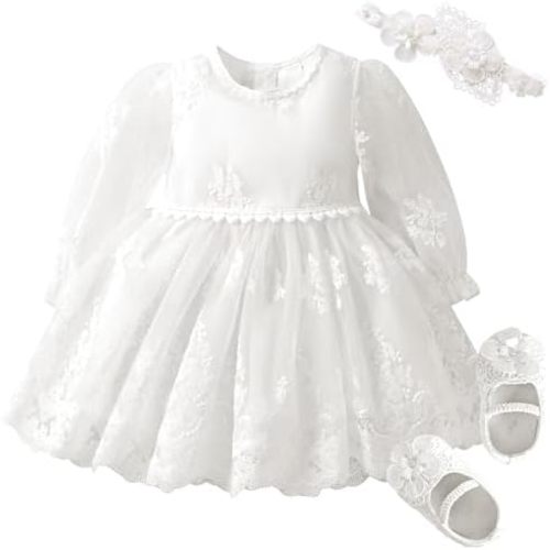 Booulfi Baptism Dresses for Baby Girls Infant Lace White Baby Dress Christening Baby Girl Outfit 3 Pcs Set