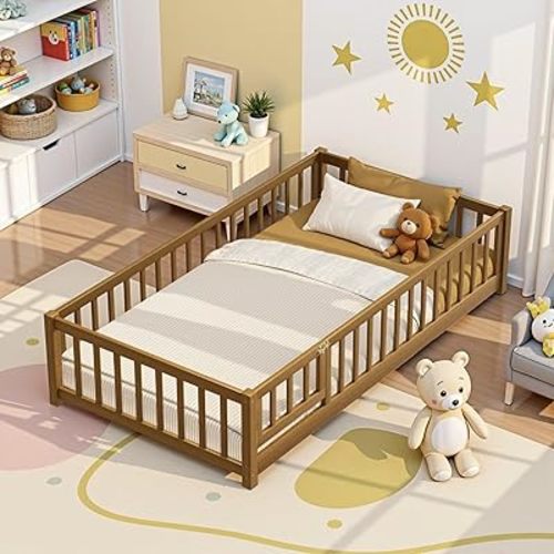 i-POOK Twin Floor Bed Frame with Wood Slats, High Fence & Small Door, Pinewood Montessori Floor Bed for Girls and Boys,Light Espresso