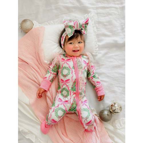 Before & Ever Newborn Double Zip Onesie - Christmas Pink wreaths and bowsBaby Girl Clothes for Newborn - Pink Green