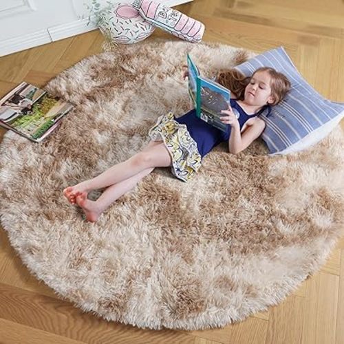 Amdrebio Tie-Dyed Beige Round Circle Area Rug 5Ft for Bedroom, Fluffy Plush Shag Furry Rugs for Kids Room, Living Room Decor Aesthetic, Cute Fuzzy Tan Neutral Carpet for Baby Nursery Playroom Dorm