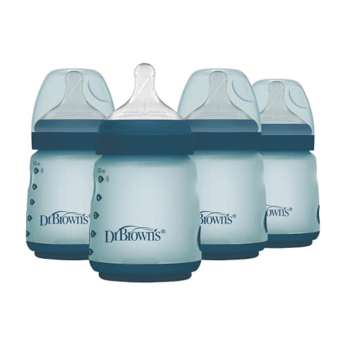 Dr. Brown's Silicone Baby Bottle with Collapsible Insert Designed to Reduce Colic, 5 oz with Wide-Neck Level 1 Slow Flow Nipple, 0m+, Blue, 4-Pack