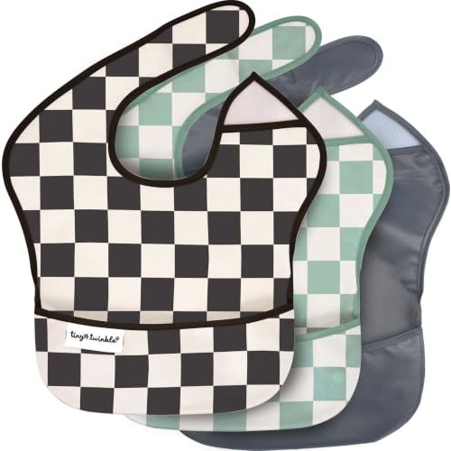 Tiny Twinkle Mess-Proof Baby Bibs for Eating | Waterproof, Wipeable Toddler Bibs with Catch-All Pocket | Feeding Bibs for Girls & Boys(3 Pack,Checkers Boy)