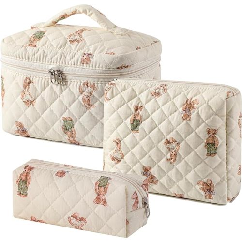 uekeboag 2 pcs Large Floral Quilted Makeup Bag Set for Women, Cotton Quilted Big Cosmetic Bag, Coquette Aesthetic Cute Travel Toiletry Bag | 2 pcs, Floral, Travel, Cosmetic Bag, Cute, Coquette Aesthetic
