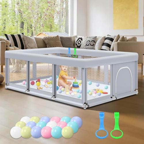 65" ×50" Large Baby Playpen with Mat, Baby Playard for Babies and Toddlers, Play Pens for Indoor & Outdoor, Sturdy Safety Play Yard with Soft Breathable Mesh, Anti-Fall, Grey