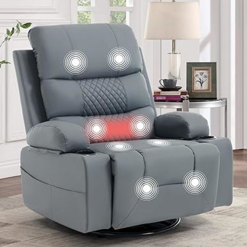 KCQ Oversized Swivel Rocker Recliner Chair with Heat Cup Holder, Faux Leather Heated Massage Rocking Recliner Glider Chair for Nursery, Grey