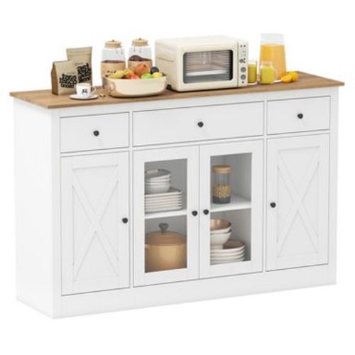 Costway 55" Large Buffet Sideboard w/ 3 Drawers 2 See-through Doors Adjustable Shelves