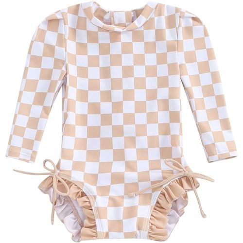 Yccutest Toddler Rash Guard One Piece Swimsuit Baby Girl Long Sleeve Ruffles Swimwear Zipper Bathing Suit Checkerboard Outfit