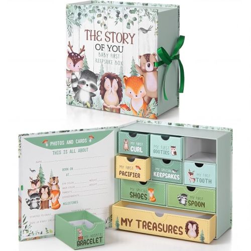 Beeveer Baby Keepsake Box Newborn Memory Organizer with 9 Labeled Compartments First Keepsake Book Gift Box for Pregnancy Mother"S Day Baby Shower New Maternity(Woodland)