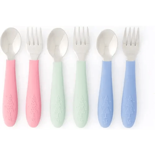 Elk and Friends Kids Silverware with Silicone Handle | Childrens Safe Flatware | Toddler Utensils | Baby Spoons + Forks | Stainless Steel Cutlery