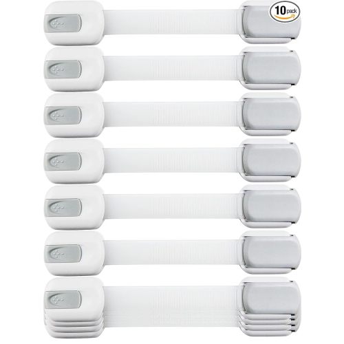 Child Safety Strap Locks (10 Pack) Baby Locks for Cabinets and Drawers, Toilet, Fridge & More. 3M Adhesive Pads. Easy Installation, No Drilling Required, White/Gray