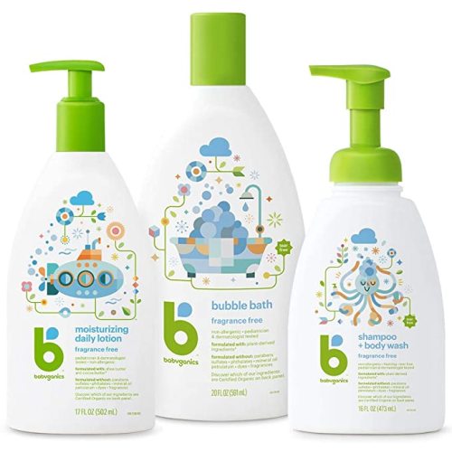 Babyganics Fragrance Free Bath + Skincare Set, Bubble Bath, 2-in-1 Shampoo and Body Wash, Lotion, 3 Items
