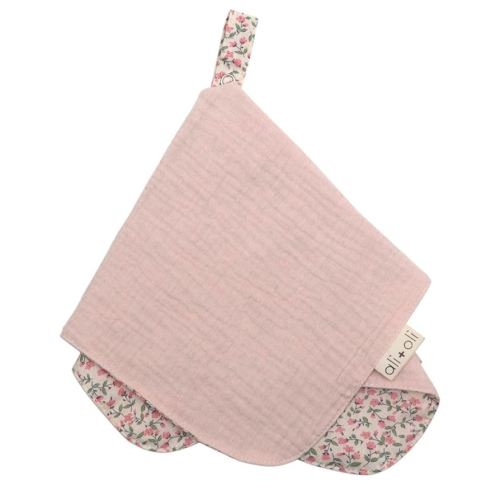 Ali+Oli Pacifier Blanket Holder (Pink Flowers) Soft Muslin Cotton Cuddle Blanket with Button Snap Closure (15x15)