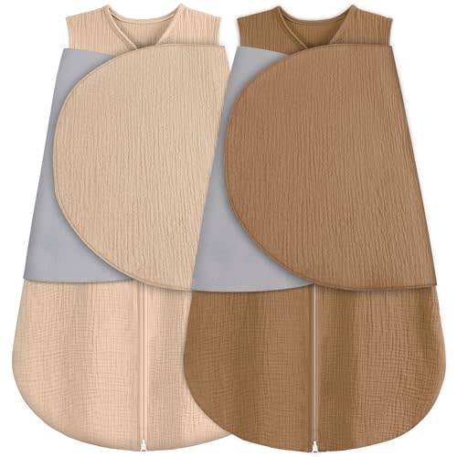 BSTOPPT Newborn Sleep Sack Baby Swaddle,100% Muslin Cotton,3-Way Adjustable Wearable Blanket,Swaddling Sleeping Bag (2, Beige & Khaki, 3-6 Months)