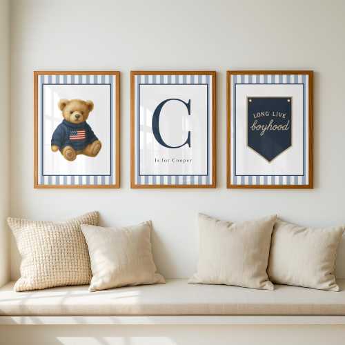 Vintage Teddy Bear Nursery Wall Art Set of 3 Prints, Ralph Lauren-Inspired Nursery Decor, Preppy Nursery Wall Decor, Blue Striped Nursery
