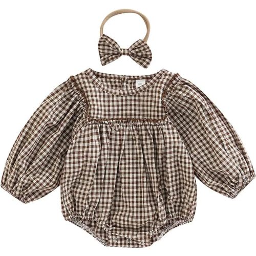 Douhoow Infant Baby Girl Plaid Romper Baby Sweatshirt Romper Ruffle Festival Clothes Fall Winter Outfits with Headband