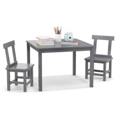 Costway Wooden Kids Table and 2 Chairs Set with Rubber Wood Legs Anti-slip Foot Pads White/Gray