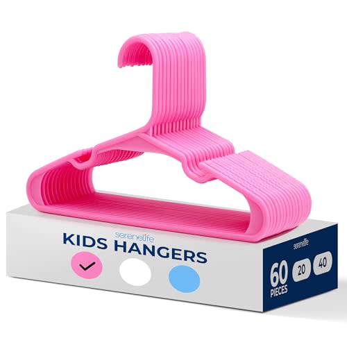 SereneLife 60 Pack Plastic Kids Hangers – Non-Slip Baby Hangers for Closet, Space-Saving Thin Design for Organizing Clothes, Infant, Toddler, and Newborn Clothing (Pink)