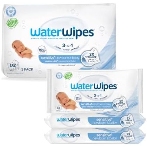 WaterWipes Sensitive+ Newborn & Baby Wipes, 3-In-1 Cleans, Cares, Protects, 99.9% Water, Unscented & Hypoallergenic, 180 Count (3 Packs)