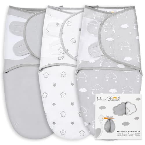 Mama Cheetah Baby Swaddle Blanket, Swaddle Wrap for Newborn and Infant, Adjustable Swaddle Set for Baby Boy and Girl, 3 Pack Soft Organic Cotton, Large (3-6 Months), Grey and White | Infant Swaddle Sleep Sack, GOTS & OEKO-TEX Certified Swaddling Wrap 3...