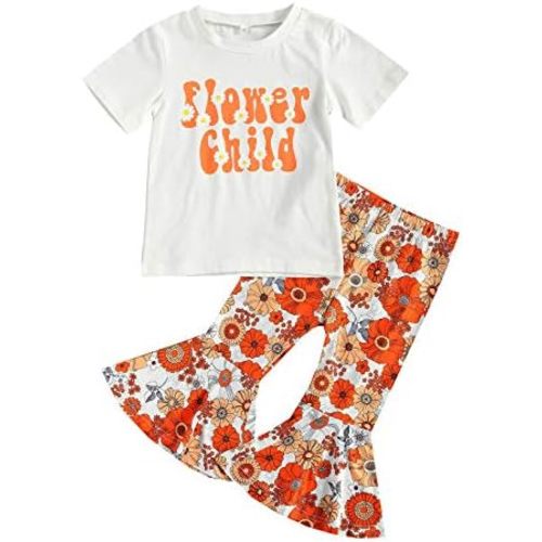 YOKJZJD Toddler Baby Girl Letter Short Sleeve T-Shirt Tops Floral Flared Bell-Bottom Pants Leggings Kids Summer Outfits Set