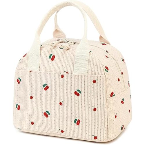 LOVELYWIND Insulated Cherry Lunch Bag for Women, Stylish Corduroy Tote with Aluminum Lining, Large Capacity Reusable Cooler for Work, Travel, Beach or Picnic, Beige Cream Water-Resistant Lunch Box