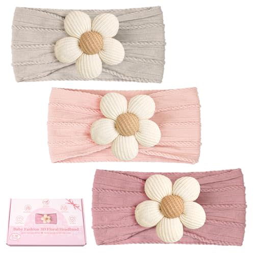 CLLOT Baby Flower Headbands Baby Girls Nylon Headbands Baby Essentials Stretchy Hairbands Handmade Hair Accessories for Newborn Infant Toddlers Kids (Pink,Khaki Gray,Dusty Pink)