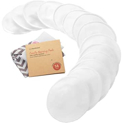 Organic Nursing Pads - 14 Washable Viscose Derived from Bamboo Breastfeeding Pads, Wash Bag, Reusable Breast Pads for Breastfeeding, Nipple Pads for Breastfeeding Essentials(Soft White, L 4.8")