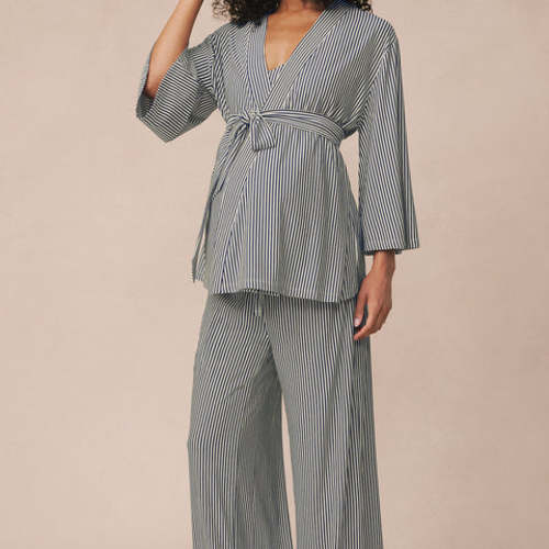 LAKE | Women | DreamModal® Pajamas | Blue Depths Pencil Stripe Maternity Kimono Bundle