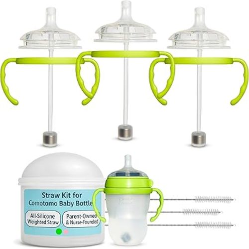 Straw Cup Conversion Kit for Comotomo Baby Bottles 3-Count, Soft Food Grade Silicone Straw Spout Nipples, All Silicone Weighted Straw, Green Bottle Handles and Cleaning Brush, BPA Free, 6+ Months