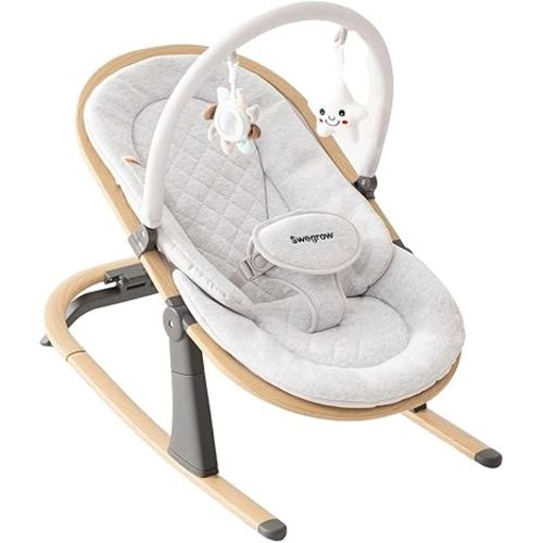 Swegrow 2-in-1 Baby Bouncer, Portable Newborn Bouncer Seat with 3 Adjustable Heights, Rocker and Stationary Options, Infant Rocker Chair with Hanging Toys (White)