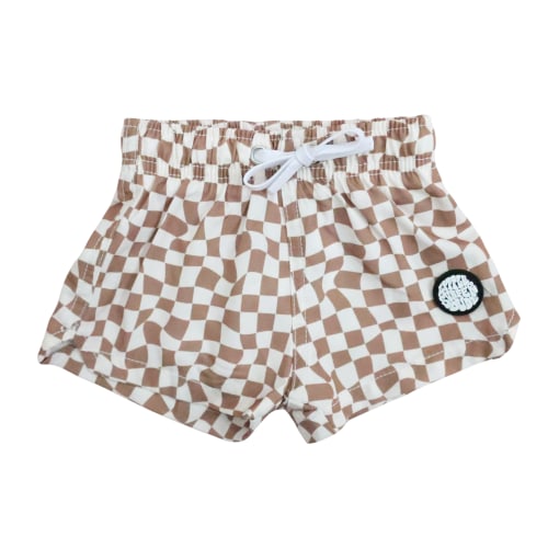 Brown Checkered Little Surfer Dude Swim Trunks