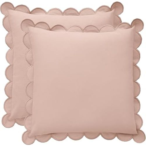 BEBE BASK Scalloped Pillow Cover - Set of 2-18 x 18 Inch - Scallop Pillow Cover - Pink Scalloped Pillows - Scallop Pillows - 100% Cotton - Grandmillennial Style (Peach Pink/Peach)