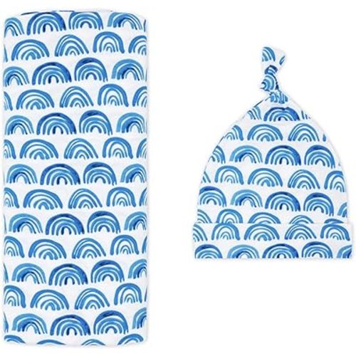 Little Sleepies Swaddle & Hat Set, Baby Swaddles Newborns, Soft Viscose from Bamboo Swaddle Blanket Wrap (Blue Rainbows)