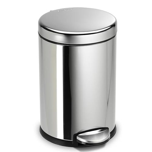 simplehuman Round Step Can, 4.5L / 1.2 Gallon Compact Bathroom Trash Can, 150,000-Step Pedal, Lid Shox® Silent Close, Removable Inner Bucket, Matte Black Steel