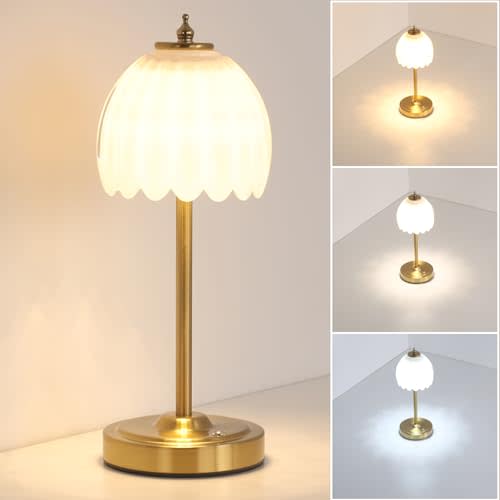 Shenmoyl Tulip Table Lamp with 5000mAh Battery & Touch Control, Cordless Small Table Lamp with 3 Colors, Dimmable Rechargeable Table Lamps for Living Room, Bedroom, Desk, Bedside (White Tulip)