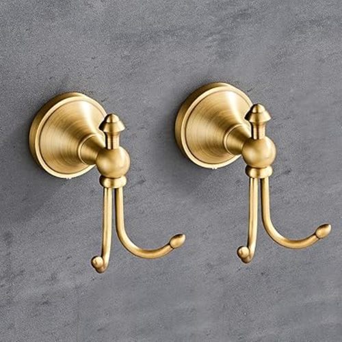 2 Pcs Pack Antique Brass Towel Hook Vintage Coat Hook with 2 Hooks Wall Mounted Robe Hooks for Bathrooms and Kitchen Bronze Hand Towel Hook Hanger with Brushed Gold Finish