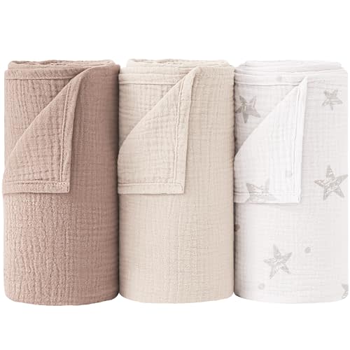 Bearmoss Muslin Swaddle Blankets, 40 x 38 inches Baby Swaddle for Boys and Girls, Soft Baby Blanket, 3 Pack Breathable Nursery Receiving Blankets (Beige Star)