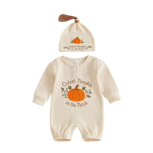 My First Halloween Baby Boy Outfit Newborn Pumpkin Patch Outfit Clothes | Halloween Baby Boy Girl Clothing Cutest Pumpkin Jumpsuit Long Sleeve Romper Newborn Halloween Outfit with Hat