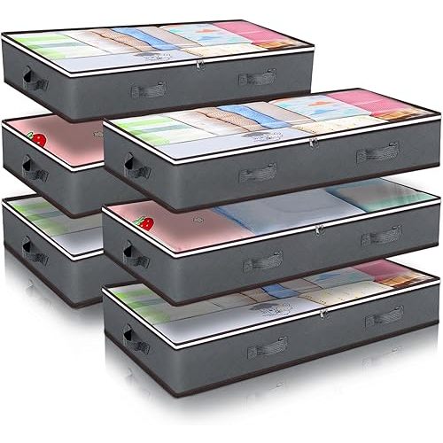 90L Under Bed Storage Containers, 6 Pack Underbed Closet Storage Organizer System, Moving Bags with Clear Window and Reinforced Handles for Bedding Pillows Blanket Clothes Wardrobe Bedroom