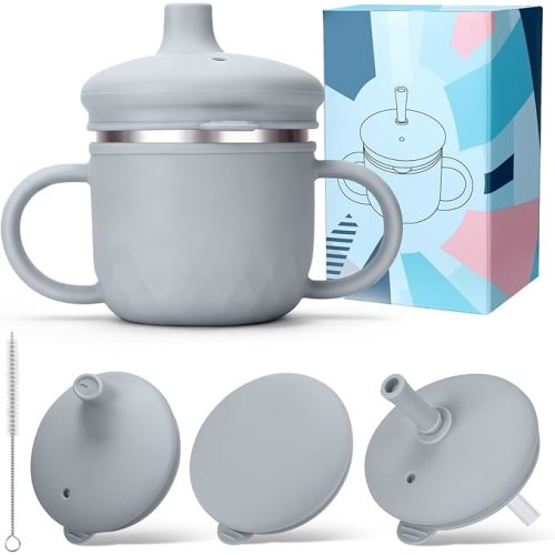 BUSOHA Stainless Steel Toddler Sippy Cup – 8oz Spill-Proof Straw Cup for 6+ Month Babies & Toddlers, 3-in-1 Reusable Travel Cup with Brush – Dishwasher Safe, Kids Drinking Cup,Grey