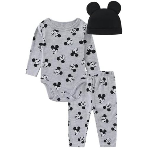 Disney Mickey Mouse Baby Boys Long Sleeve Bodysuit Pants and Cap 3 Piece Outfit Set for Newborn Infant