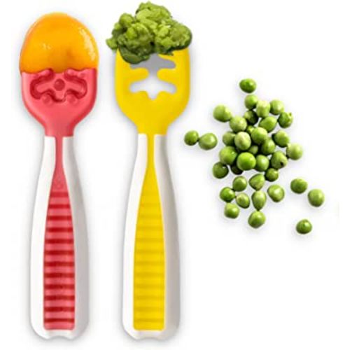 NumNum Pre-Spoon GOOtensils | Baby Spoon Set (Stage 1 + Stage 2) | BPA Free Silicone Self Feeding Toddler Utensils | For Kids Ages 6 Months+, 2 Spoons, (Raspberry Red/Sunshine Yellow)