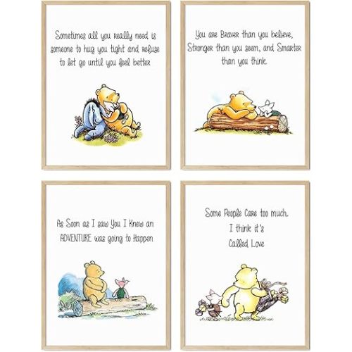 Winnie the Pooh Wall Decor – Unframed Set of 4 Prints, 8x10 Inch, Watercolour Nursery Wall Decor for Boys and Girls, Kids, Baby’s Nursery Decor Playroom Classic Pooh Bear Friends Piglet UNFRAMED