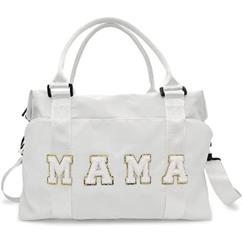 Chenille Letter Duffle Bag, Mama Bag With Patches, Nylon Chenille Letter Embroidered Travel Bag, Lightweight Adjustable Mom Hospital Bag With Zipper for Mothers Day Gifts (White)