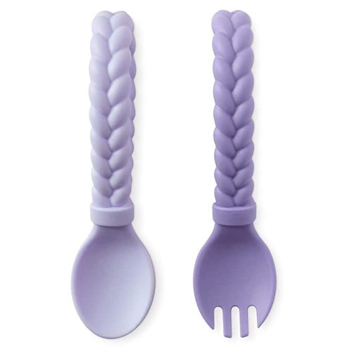 Itzy Ritzy Silicone Spoon & Fork Set; Baby Utensils Featuring a Baby Fork and Spoon with Looped, Braided Handles - Made of 100% Food Grade Silicone & BPA-Free - Ages 6 Months and Up (Amethyst/Purple)
