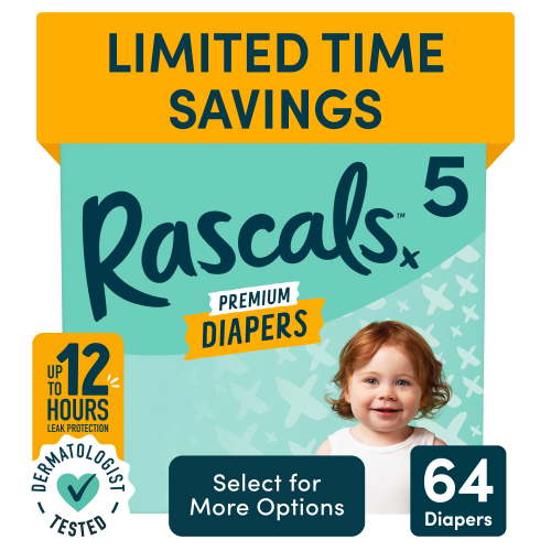Free Shipping! Rascals Baby Diapers Size 5 64 Count Ultra-Absorbent Leak Protection Hypoallergenic