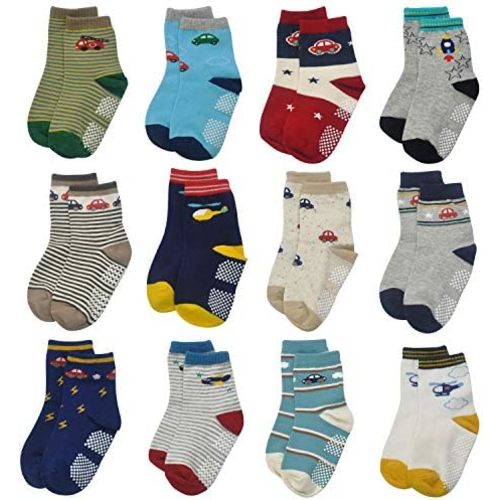 12 Pairs Kids Non Slip Skid Socks Grips Sticky Slippery Cotton Crew Socks For 1-3/3-5/5-7 Years Old Children Youth Boy Girl