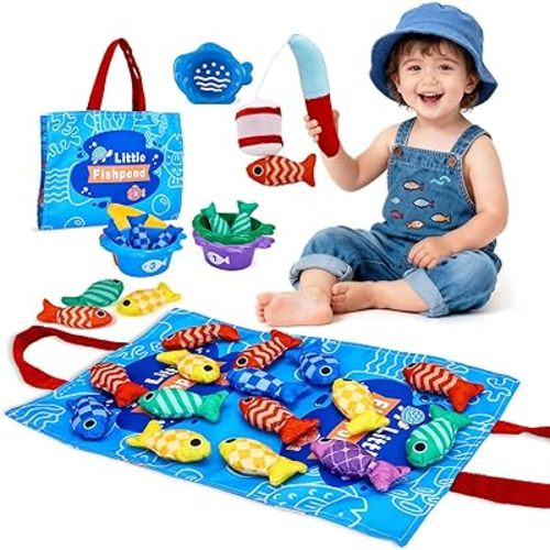 Montessori Toys for 1 Year Old Boy Girl Birthday Gift- Cloth Fishing Game for Toddler1-3 for Grandkids with Stacking Cups Learning Educational Toys Baby Toys 12-18 Months