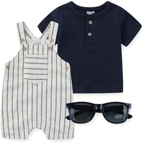 Sperry Baby Boys Shortall Overalls Shirt with Sunglasses 3 Piece Set for Newborn Infant