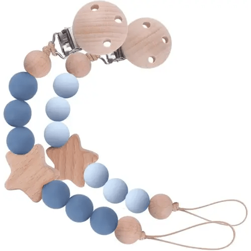 2Pcs Wood Star Silicone Pacifier Clip for Baby Boy Blue Silicone Pacifier Holder Binky Clips